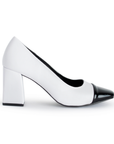 Zapatilla Blanco Negro Elegante Punta Cerrada Cuadrada Tacon Ancho Mujer 2000049