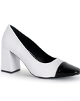 Zapatilla Blanco Negro Elegante Punta Cerrada Cuadrada Tacon Ancho Mujer 2000049