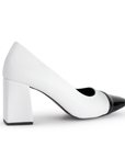Zapatilla Blanco Negro Elegante Punta Cerrada Cuadrada Tacon Ancho Mujer 2000049