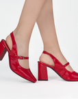 Zapatilla Rojo Punta Cuadrada Dama Elegante Tacon Adorno Hebilla 2000057