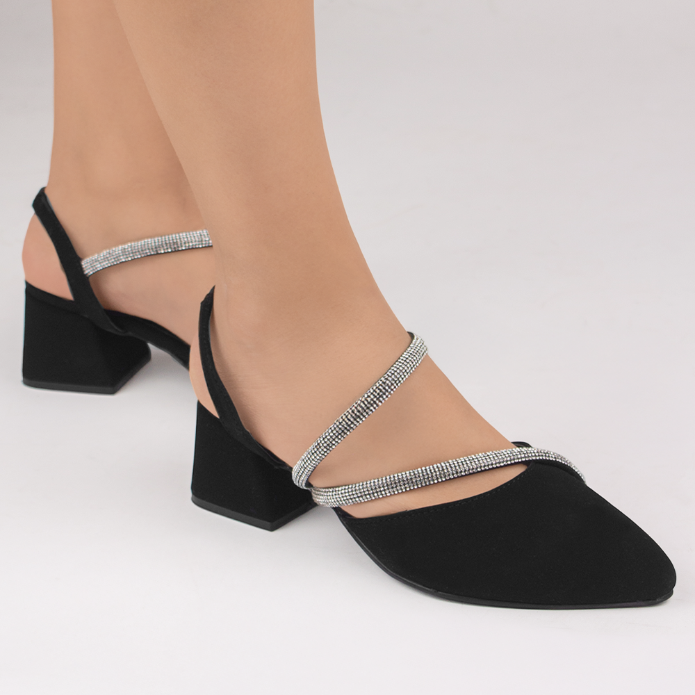 Zapatilla Negro Plata Pedreria Moda Elegante Mujer Fiesta Tacon