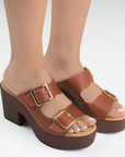 Zapatilla Cafe Doble Hebilla Destalonado Tacon Madera Ancho Mujer 4840038