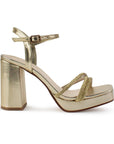 Zapatilla Oro Punta Cuadrada Brillos Mujer Tacon Ancho Moda 4840049