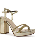Zapatilla Oro Punta Cuadrada Brillos Mujer Tacon Ancho Moda 4840049