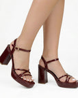 Zapatilla Vino Mujer Tacon Ancho Alto Tiras Elegante Moda Fiesta 4840050