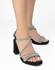 Zapatillas Negro Plata Mujer Tiras Brillos Tacón Grueso Estilo Elegante 3270316