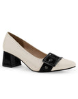 Zapatilla Beige Negro Tacon Ancho Bajo Casual Elegante Puntal Moda Mujer 4220036