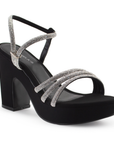 Zapatilla Negro Plata Dama Elegante Brillos Tacón Descubierto Casual 4040641