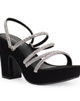 Zapatilla Negro Plata Dama Tacon Tiras Brillosas Punta Abierta Elegante 4040661