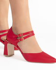 Zapatilla Rojo Punta Cerrada Dama Casual Tacon Doble Hebilla 4040694