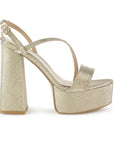 Zapatillas Oro Mujer Tacón Alto Grueso Tira Cruzada Moda 4040802