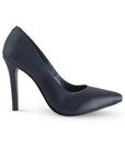 Vista lateral de zapatilla azul marino para mujer tipo stiletto con tacón delgado