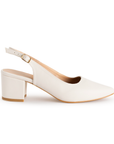 Vista lateral de zapatilla beige destalonada con tacón medio de 6cm puntal