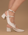 Zapatillas beige con doble hebilla y tacón bajo de 5cm para mujer