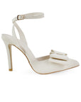 Vista lateral de zapatilla beige para mujer con tacon delgado alto 11cm con moño