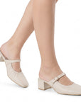 zapatillas beige con tacon cuadrado para mujer
