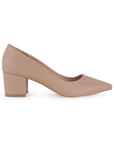 Vista lateral de zapatilla maquillaje puntal con tacón bajo 5cm para mujer