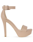 Vista lateral de zapatilla color maquillaje para mujer con tacon alto