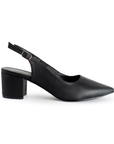 Vista lateral de zapatilla negra destalonada con tacón medio de 6cm puntal