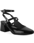 Vista diagonal de zapatilla negra para mujer con tacón escultural de 5cm y doble hebilla