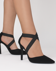 Zapatillas para mujer color negro buck con tacon delgado y tiras cruzadas
