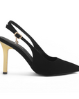 vista lateral de zapatillas negras stileto con tacón oro de 10 cm y talón descubierto