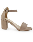Vista lateral de zapatilla oro para mujer con pulsera y tacón bajo