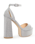Vista trasera de tacón alto 13cm en zapatilla plata brilloso para mujer
