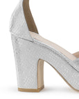 Vista trasera de tacón ancho de 10cm en zapatilla para mujer color plata