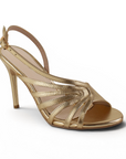 Vista diagonal de zapatilla oro con pulsera para mujer de tacon