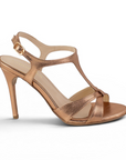 vista lateral de zapatilla oro rosado y tacon para mujer