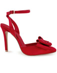 Vista lateral de zapatilla roja para mujer con tacon delgado alto 11cm con moño