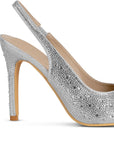 Vista trasera del tacón medio 10 cm delgado con pedrería brillante de la zapatilla plateada tipo stiletto para dama 