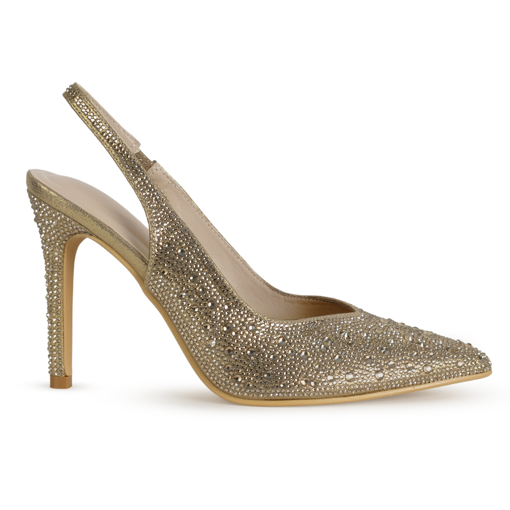 Vista lateral de la zapatilla dorada tipo stiletto para dama con punta fina pedrería brillante y tacón medio 10cm 