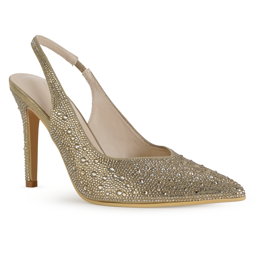 Vista diagonal de la zapatilla dorada tipo stiletto con talón descubierto, pedrería brillante y tacón medio 10cm para dama 