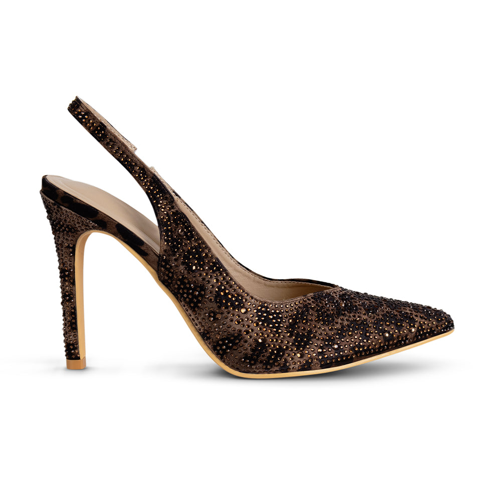 Vista lateral de la zapatilla café estampada animal print tipo stiletto para dama con punta fina pedrería brillante y tacón medio 10cm 