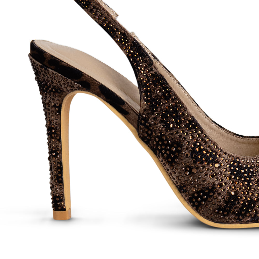 Vista trasera del tacón medio 10 cm delgado con pedrería brillante de la zapatilla café estampada animal print tipo stiletto para dama 