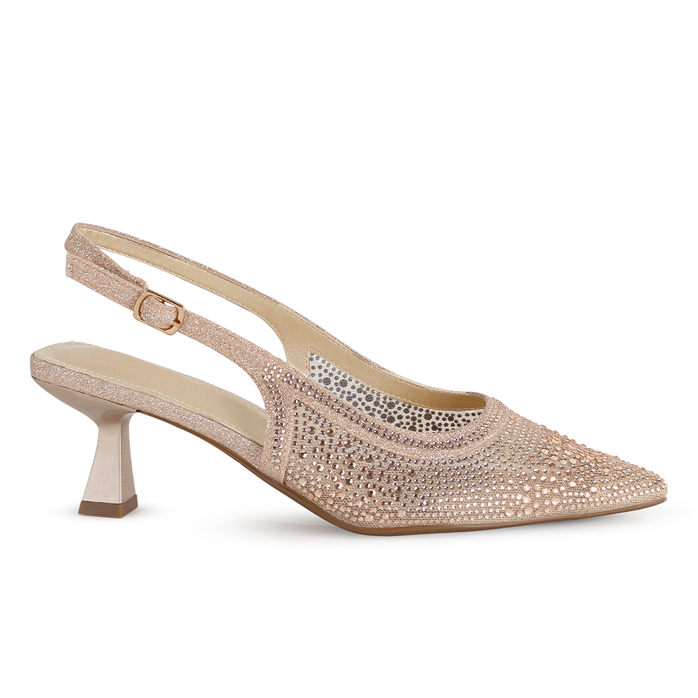 Vista lateral en la zapatilla oro rosa de fiesta con pedrería brillante, punta fina y tacón bajo 4cm para dama