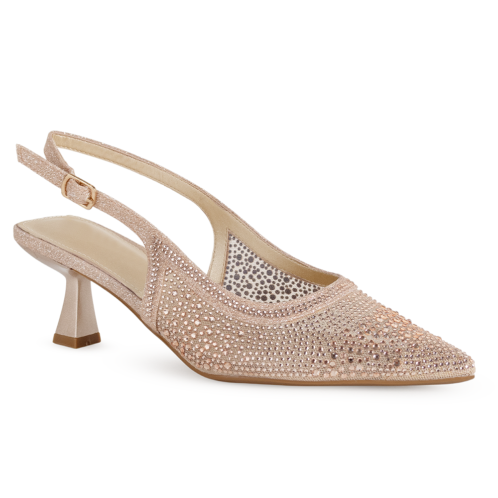 Vista diagonal en la zapatilla oro rosa brillante con pedrería y punta fina para dama 