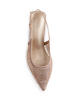 Vista superior de la zapatilla oro rosa  para fiesta con punta fina pedrería y pulsera ajustable al talón 