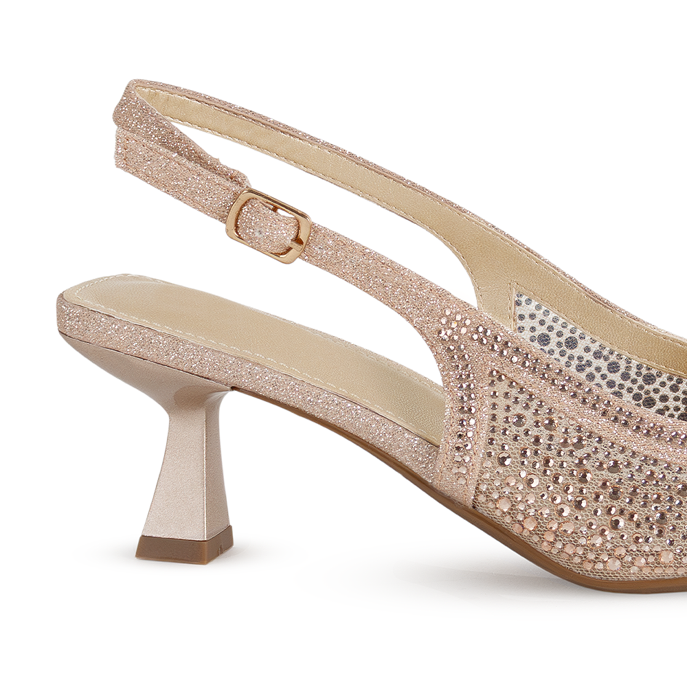 Vista trasera del tacón bajo 4cm en la zapatilla oro rosa para fiesta con brillos y pedrería de punta fina para dama