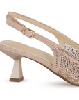 Vista trasera del tacón bajo 4cm en la zapatilla oro rosa para fiesta con brillos y pedrería de punta fina para dama