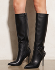 Botas negras de punta fina con cadena decorativa y tacón delgado tamaño medio 10cm para dama