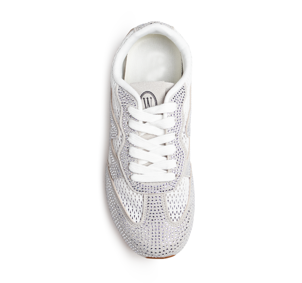 Vista superior en los tenis blanco/gris con punta redonda y brillos decorativos para dama de suela baja 