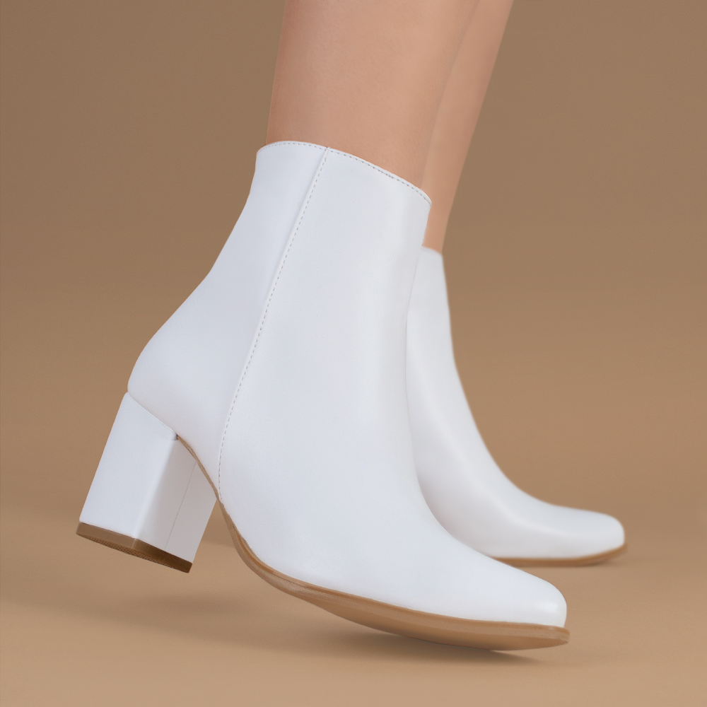 Botines blancos de punta fina para mujer con tacón bloque de 7cm al tobillo