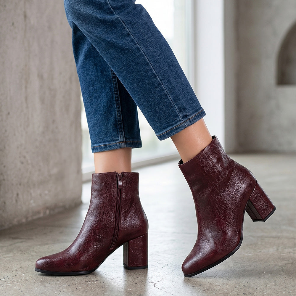 Botines vino de punta fina para mujer con tacón bloque de 7cm al tobillo