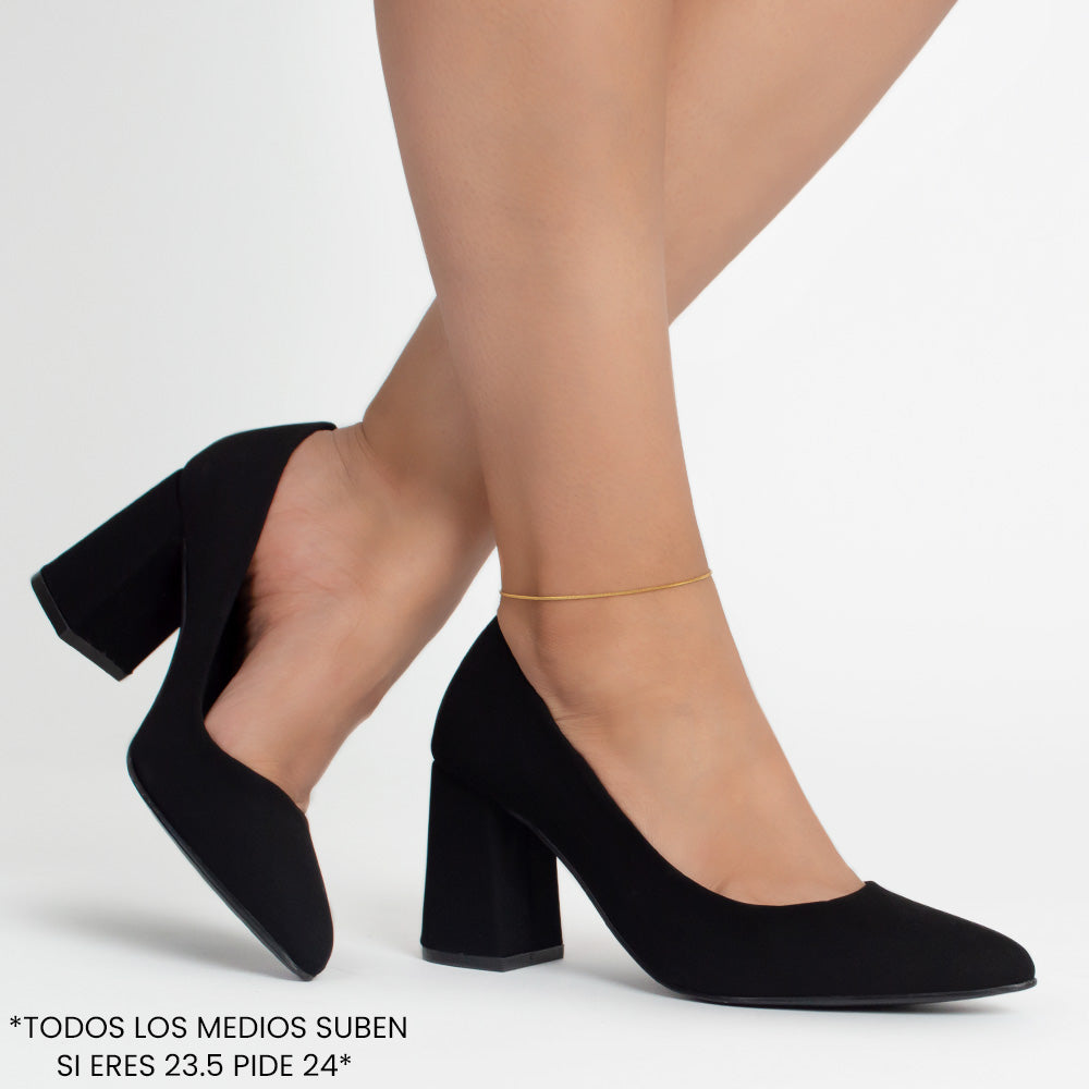 Zapatillas negras para mujer con tacón bloque de 7cm con punta fina clásica 