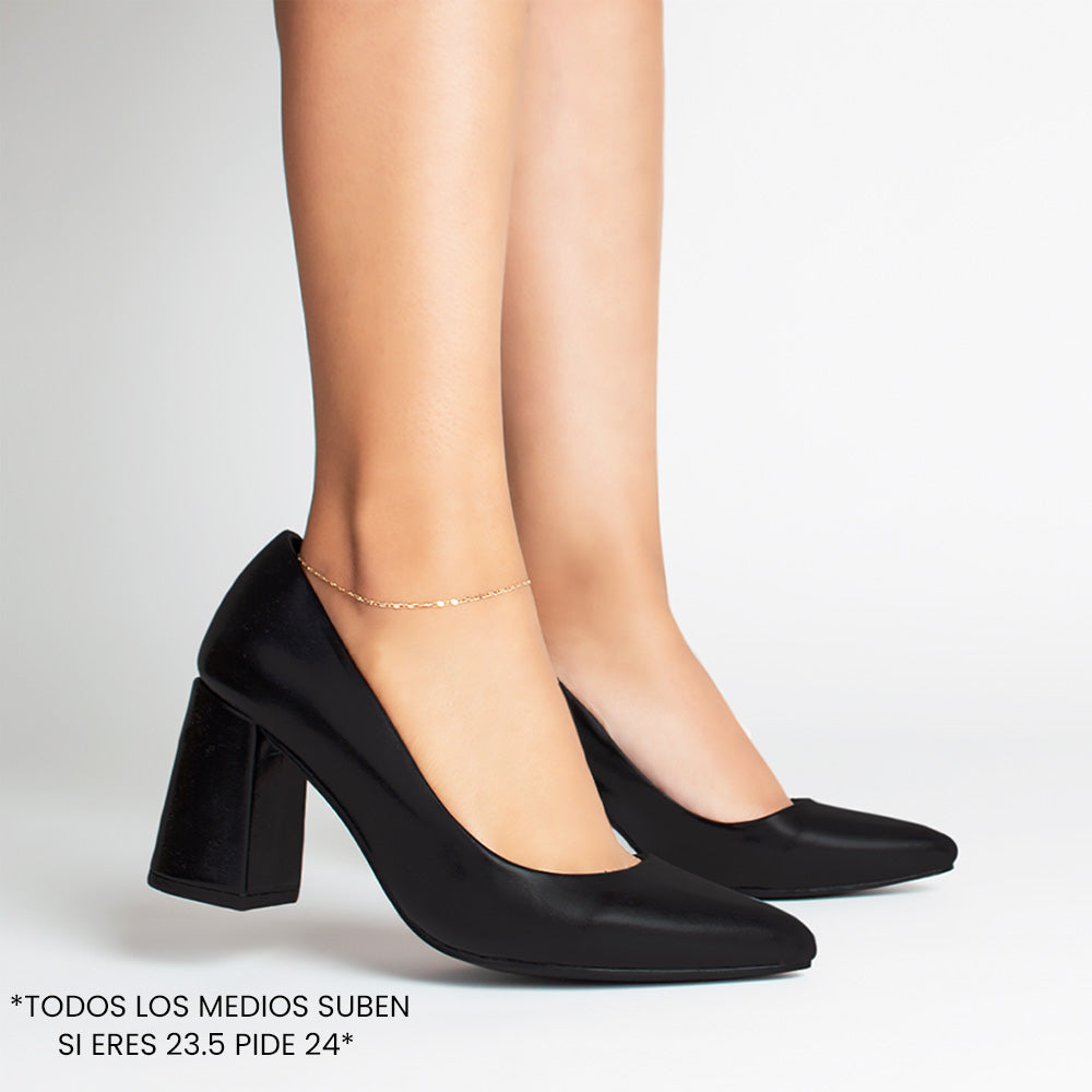 Zapatillas negras para mujer con tacón bloque de 7cm con punta fina clásica 