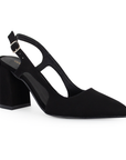 Vista lateral de zapatilla para mujer con hebilla ajustable y tacón medio de 8cm en color negro