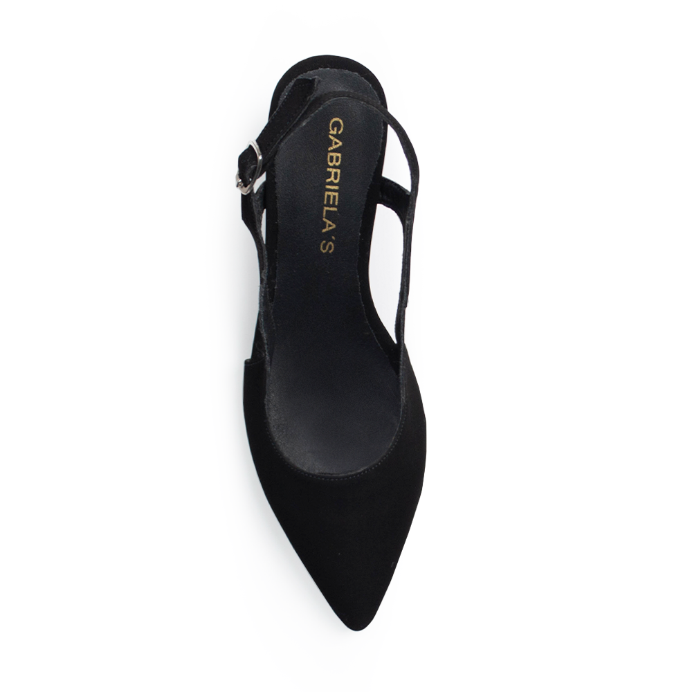 Vista superior de zapatilla negra con punta fina destalonada y tacón medio de 8cm para mujer